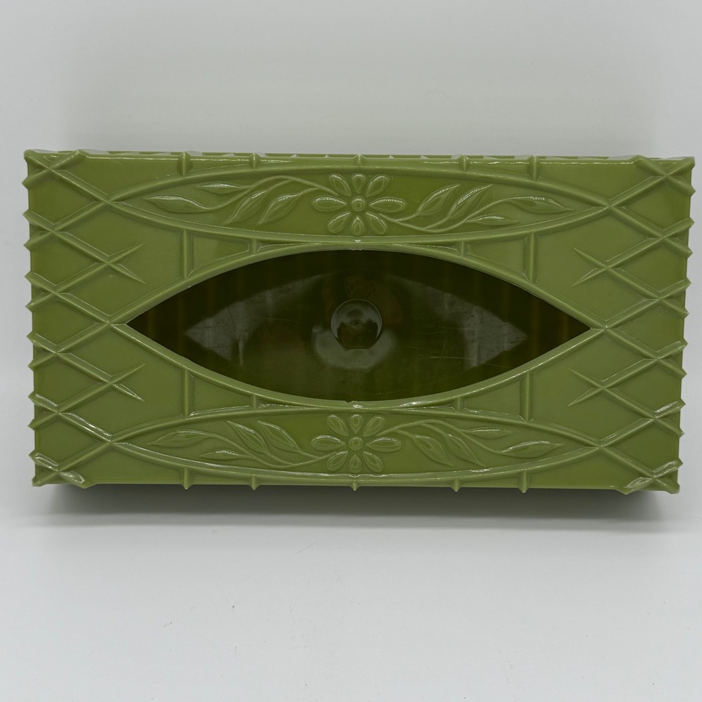 Vintage 70s Avocado Green Plastic Tissue Box Cover Rectangular Flower Trellis
